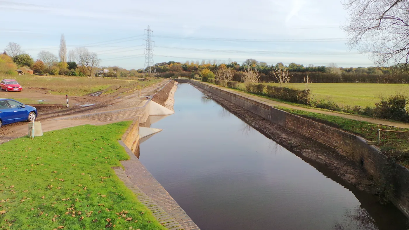A restored and watered length of the Lichfield Canal at Borrowcop Locks Canal Park, photographed in November 2016. The new 85-metre stretch is at Gallows Reach, elsewhere on the same route