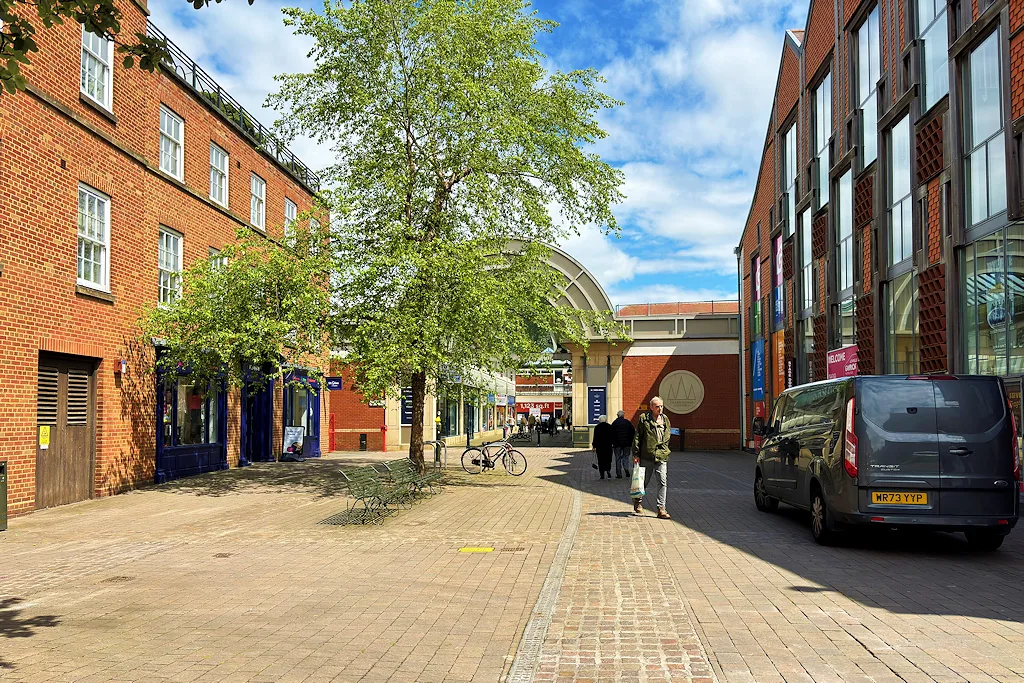 The entrance to the Three Spires shopping area in Lichfield city centre
