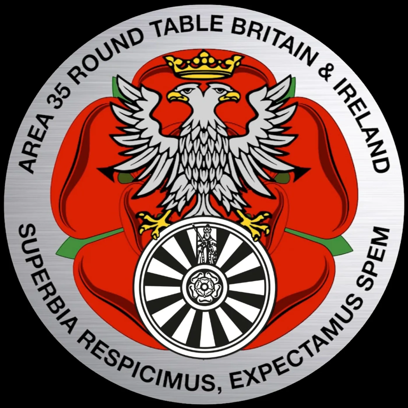The Area 35 Round Table Britain and Ireland badge: a double-headed eagle over a red rose and the Round Table emblem, with the motto Superbia Respicimus, Expectamus Spem