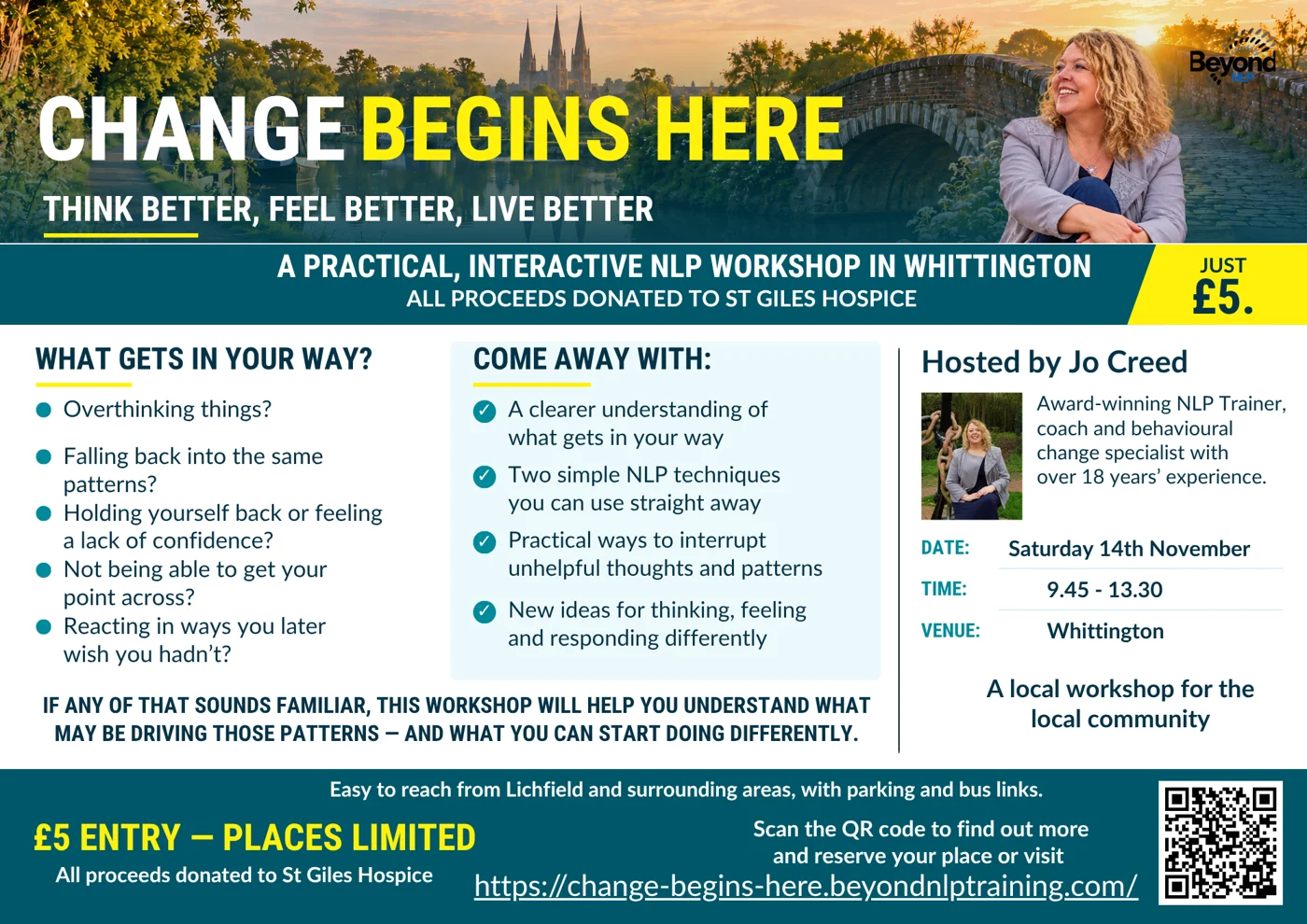 Leaflet for Change Begins Here, a £5 NLP workshop in Whittington on Saturday 14 November from 9.45 to 13.30, with all proceeds donated to St Giles Hospice